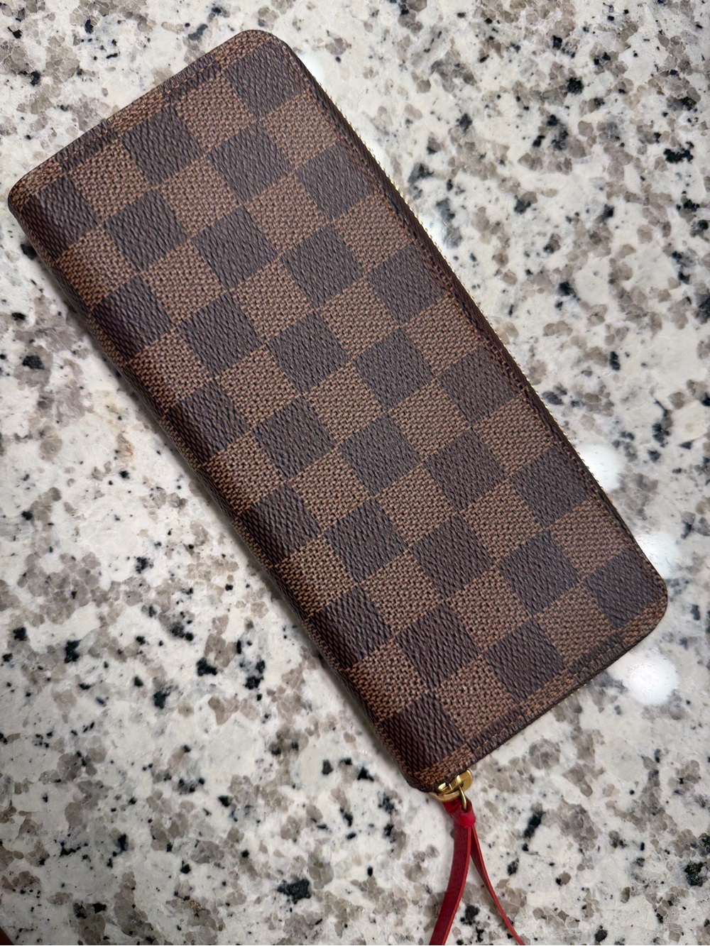 Louis Vuitton Brown Checkered Zip Card Holder with Red Pull